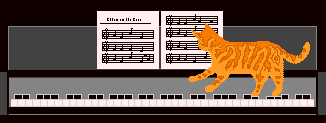 orange cat walks across piano
